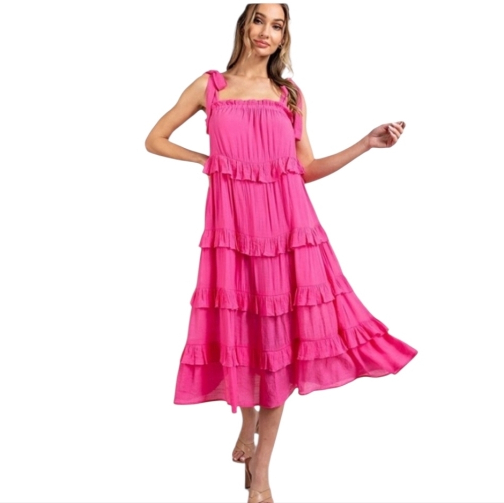 eesome Hot Pink Tiered Midi Dress